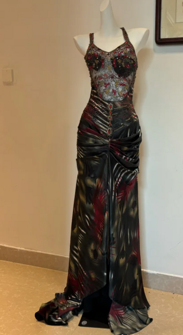 Niulatu V neck Sheath Satin Beaded Long Prom Dresses, Pleated Formal Evening Dresses HZ1026